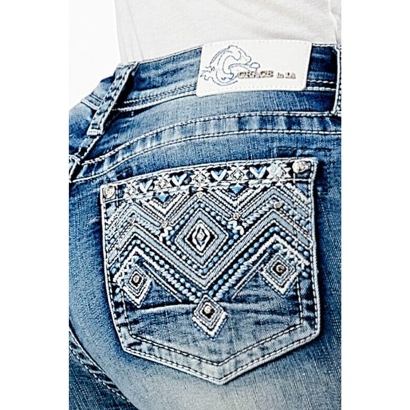 Grace in LA Denim - Grace in LA Women's Aztec Western Embroidered Distressed Bootcut Stretch Jeans